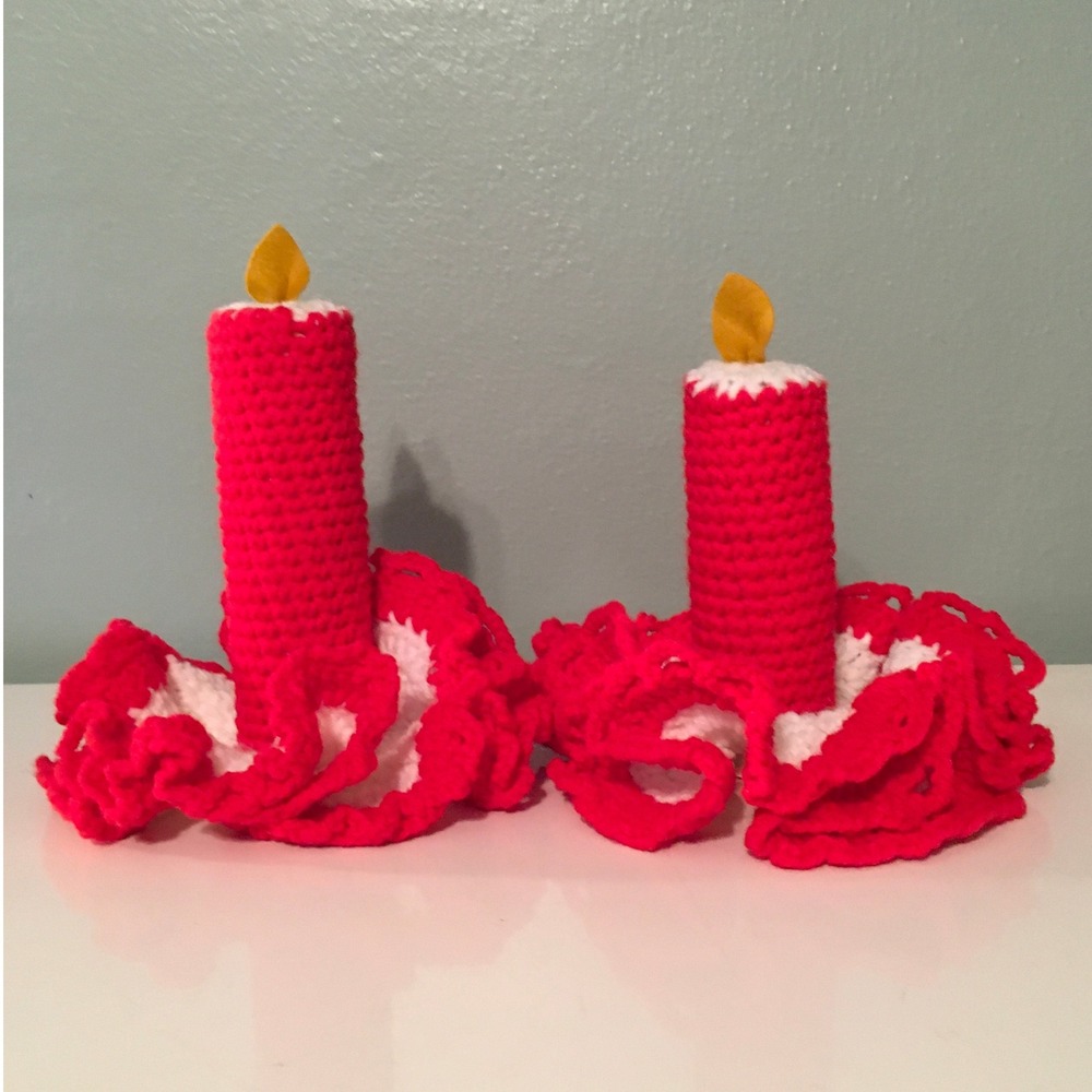 Vtg‎ Handmade Pair Crochet Christmas Holiday Candle Frill Skirt Felt Flame Decor